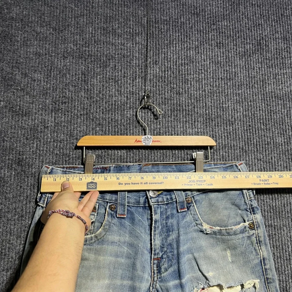 True Religion Joey Jeans Mens 32 Blue Distressed Flare Twisted Seam Made in USA